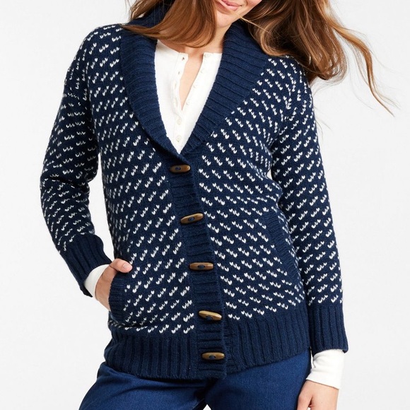 L.L. Bean Classic Ragg Wool Sweater, Cardigan Bird's-Eye Navy and White - Picture 2 of 7